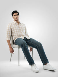 Men Shirt Check Beige Regular Fit