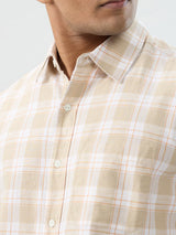 Men Shirt Check Beige Regular Fit