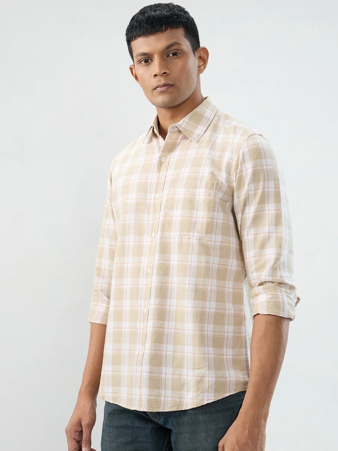 Men Shirt Check Beige Regular Fit