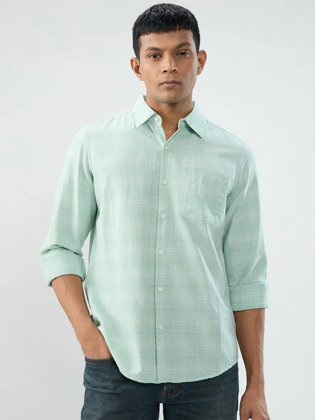 Men Shirt Check Green Regular Fit
