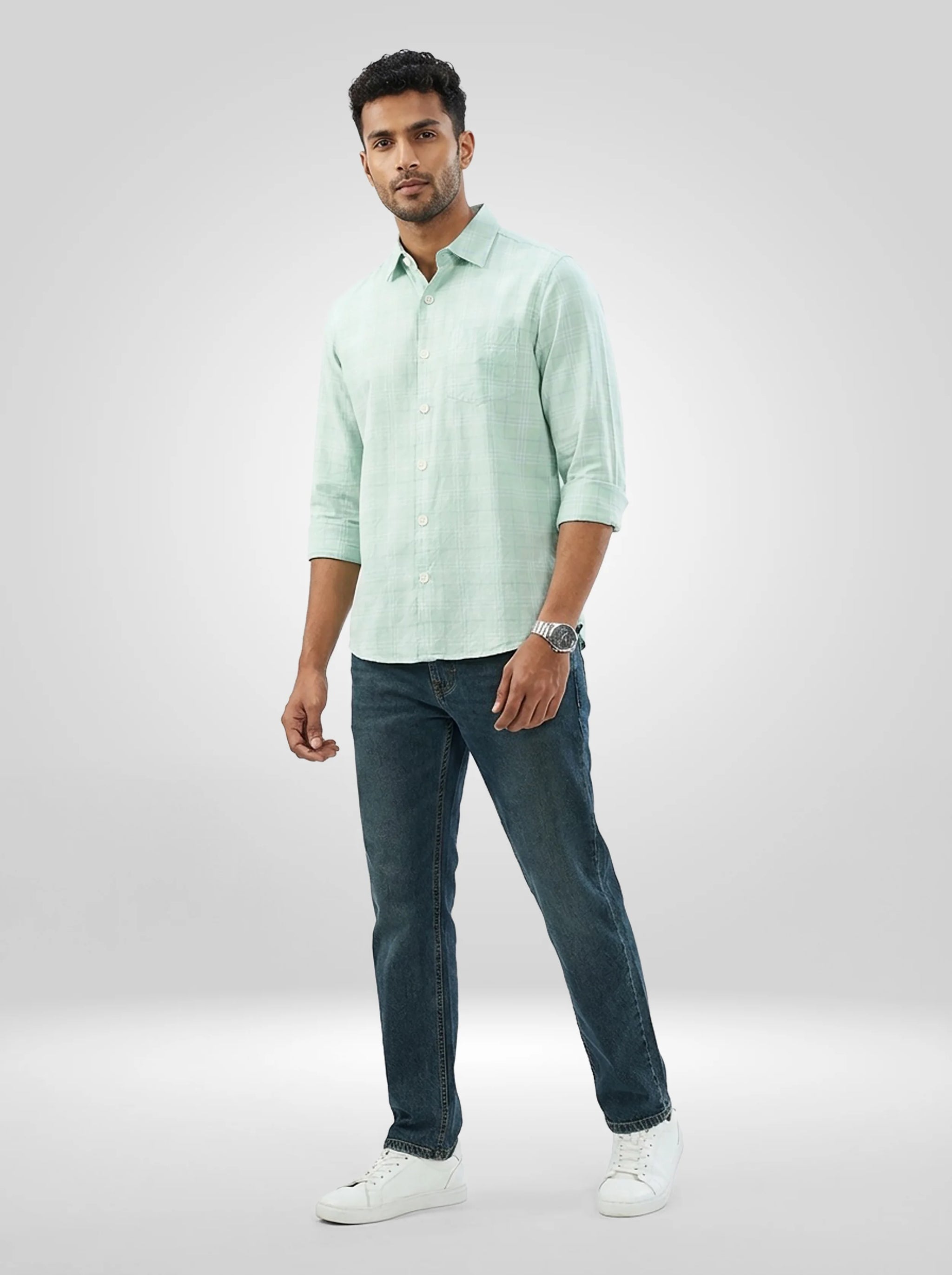 Men Shirt Check Green Regular Fit