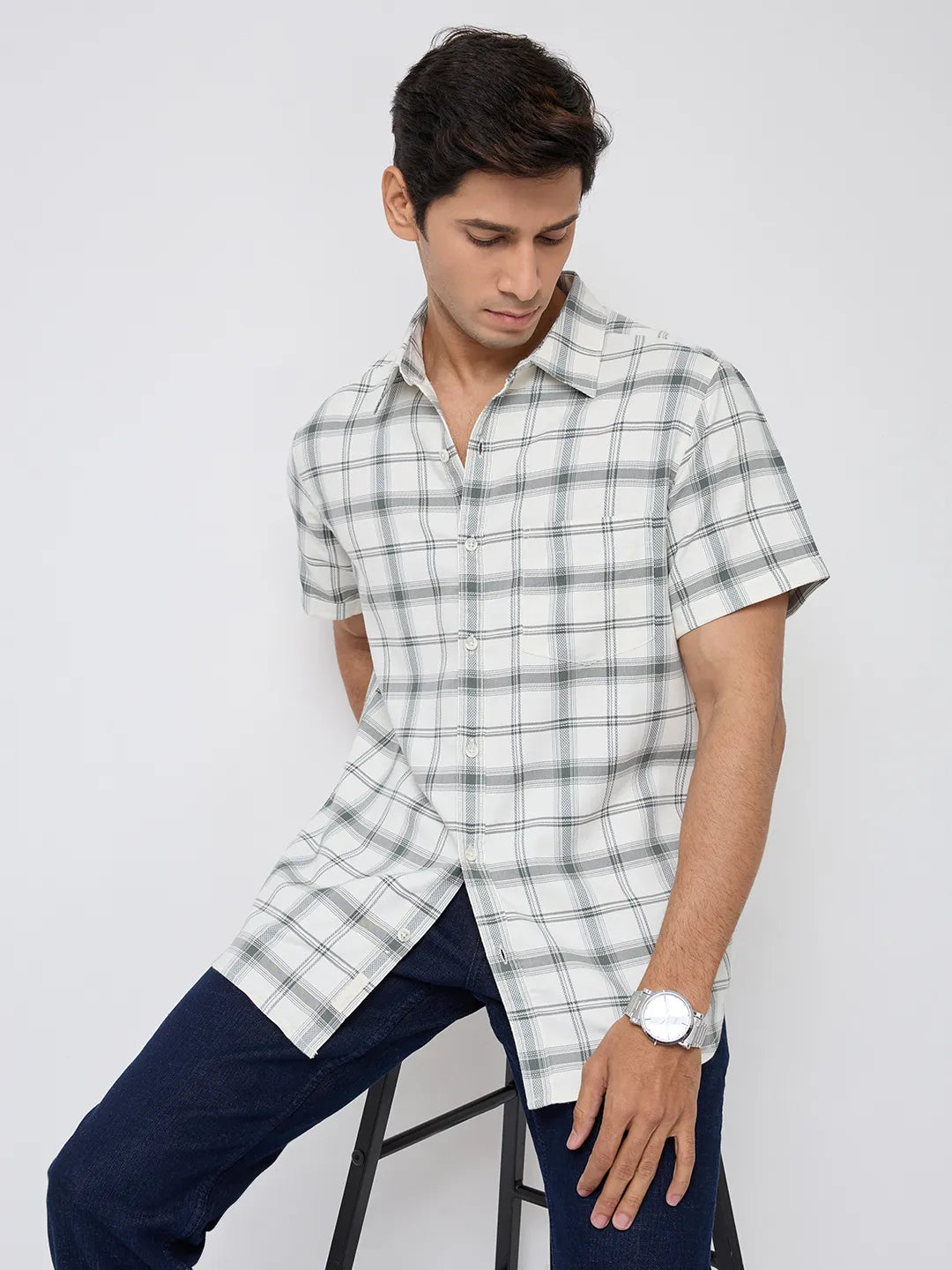 Men Shirt Check Off White Regular Fit