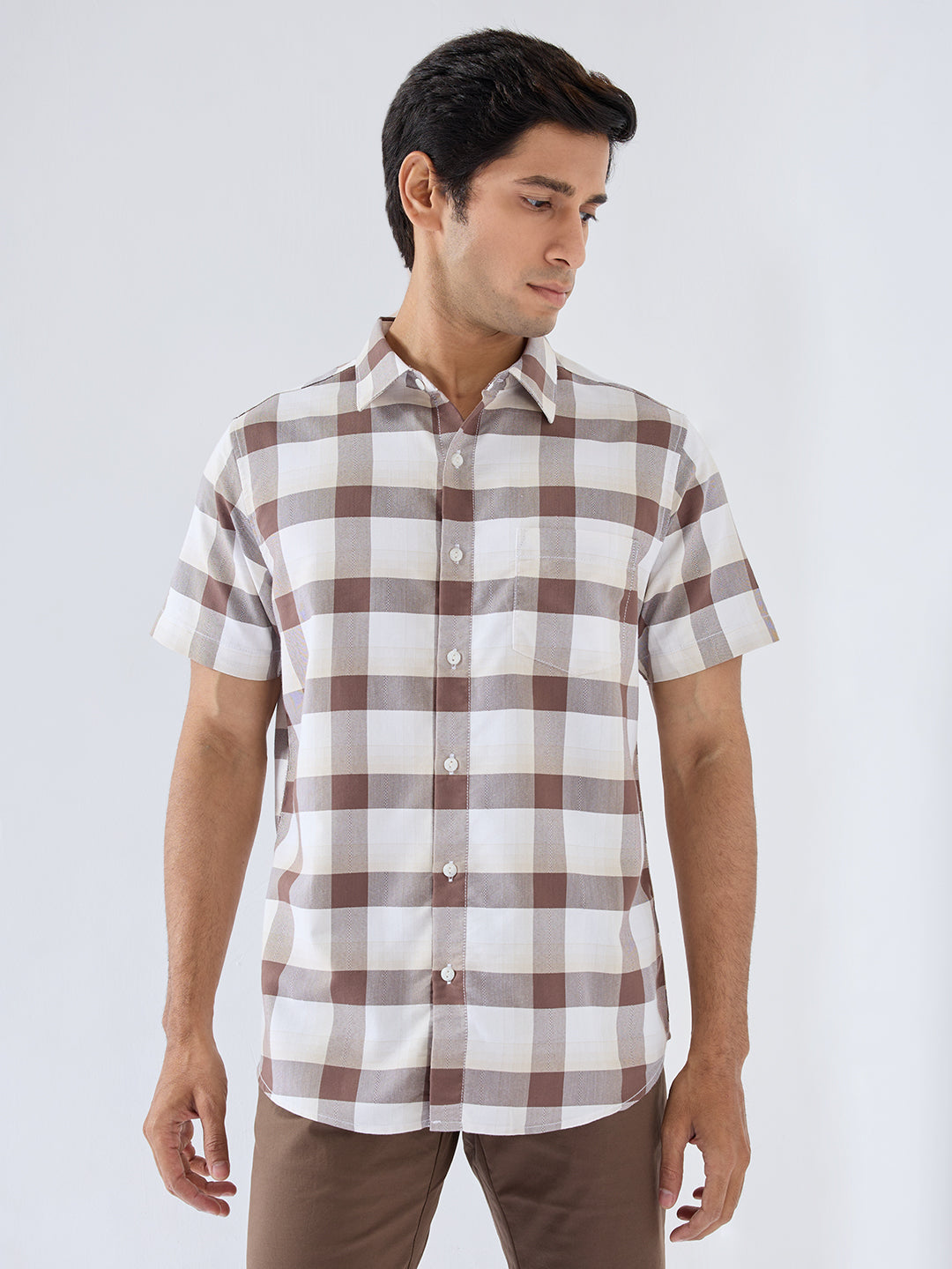 Men Shirt Check Brown Regular Fit