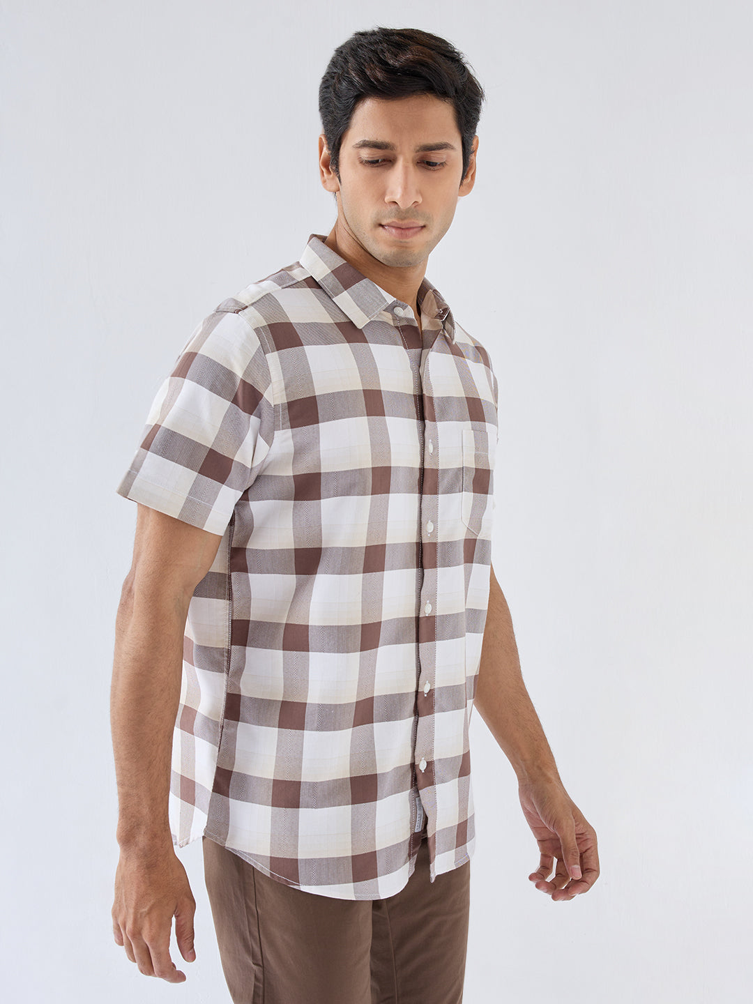 Men Shirt Check Brown Regular Fit