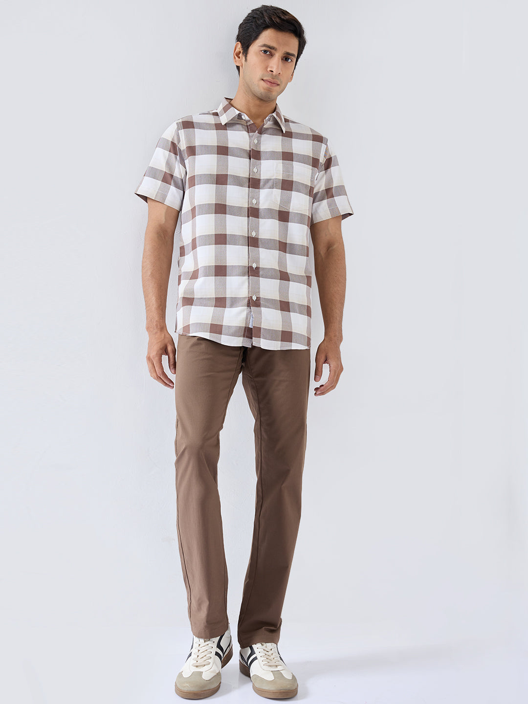 Men Shirt Check Brown Regular Fit