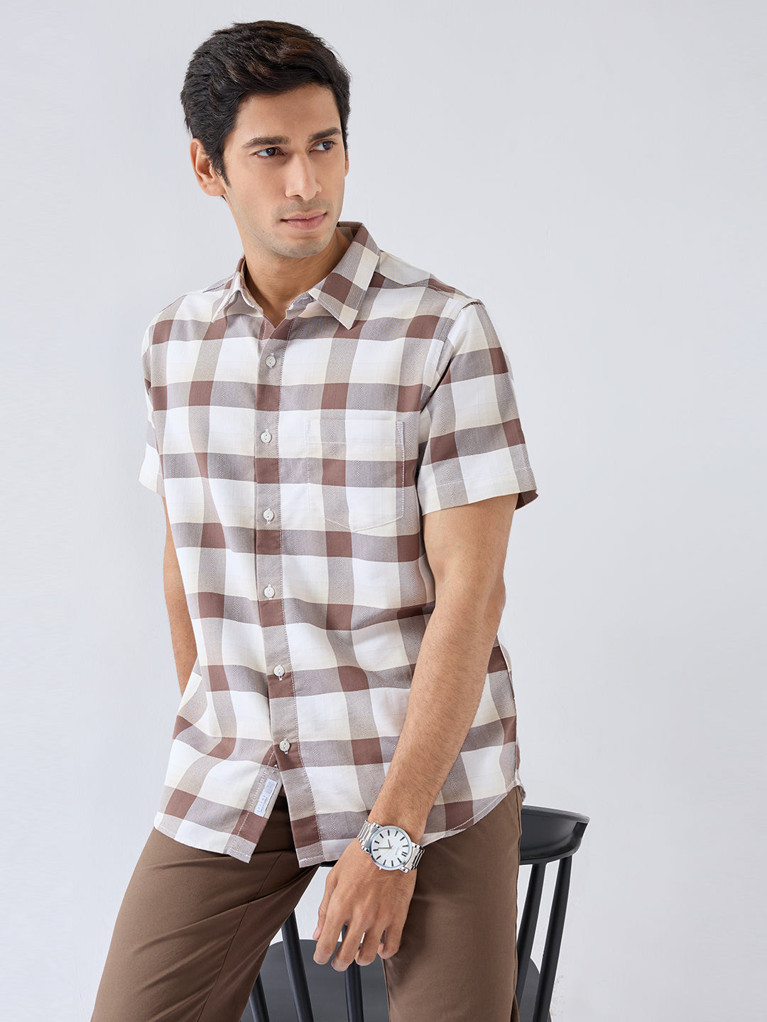Men Shirt Check Brown Regular Fit
