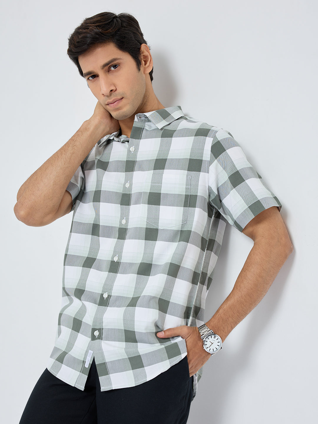Men Shirt Check Green Regular Fit