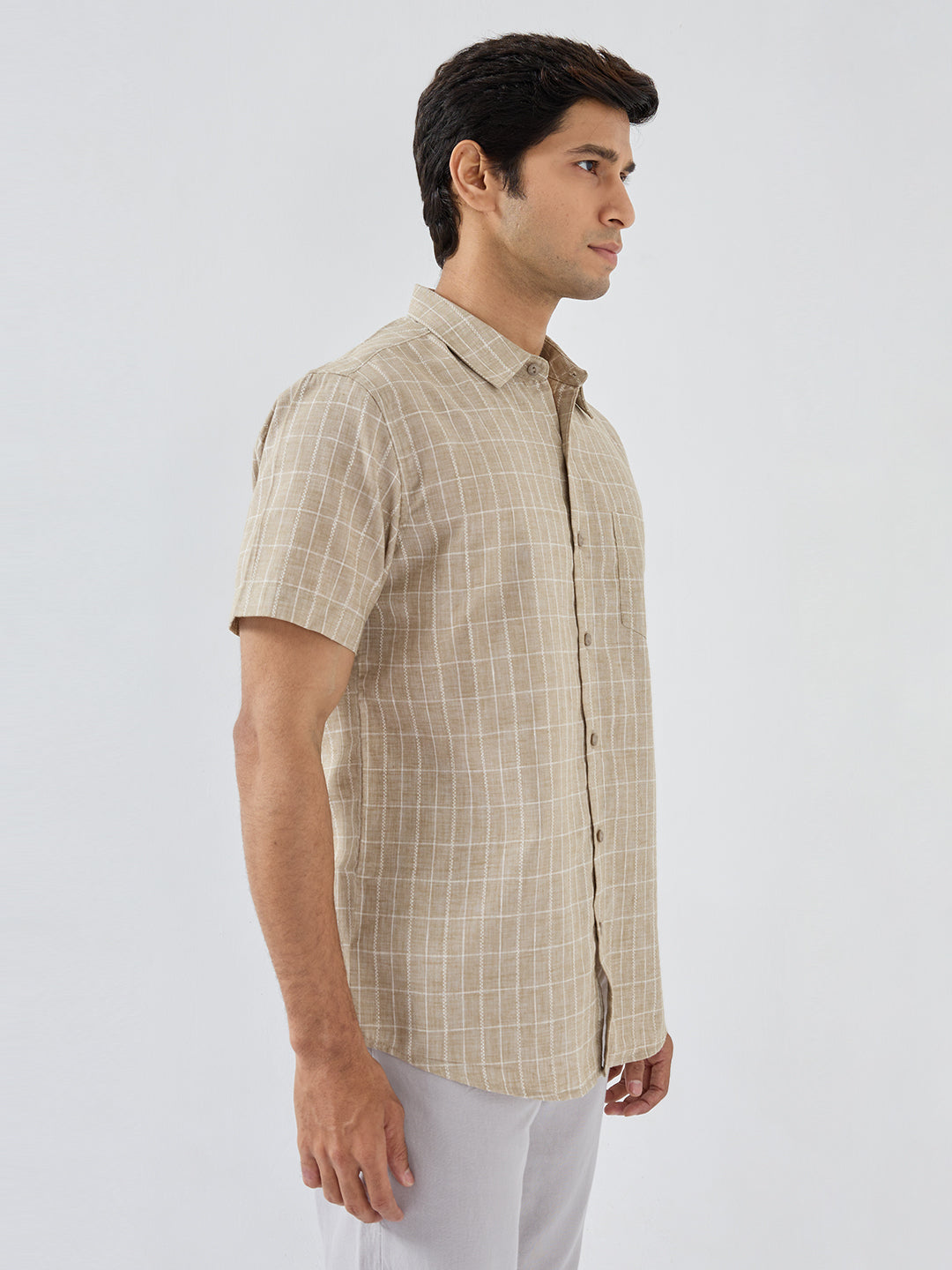 Men Shirt Check Beige Regular Fit