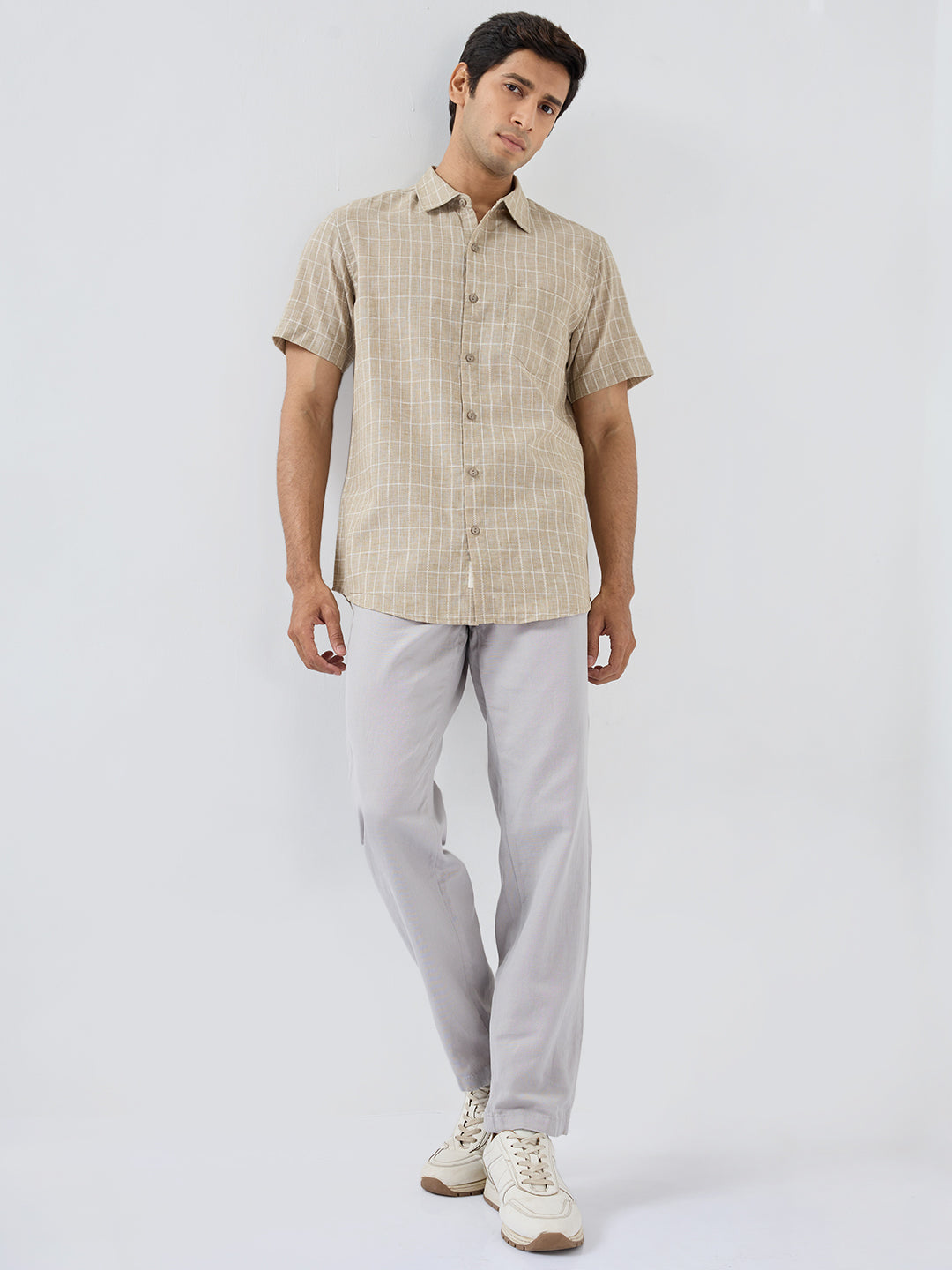 Men Shirt Check Beige Regular Fit