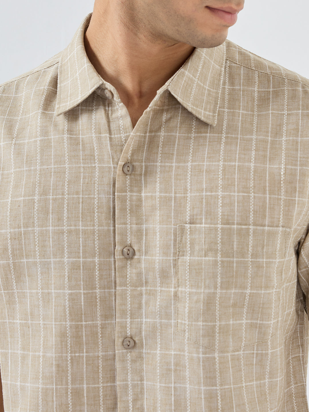 Men Shirt Check Beige Regular Fit