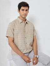 Men Shirt Check Beige Regular Fit