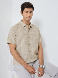 Men Shirt Check Beige Regular Fit