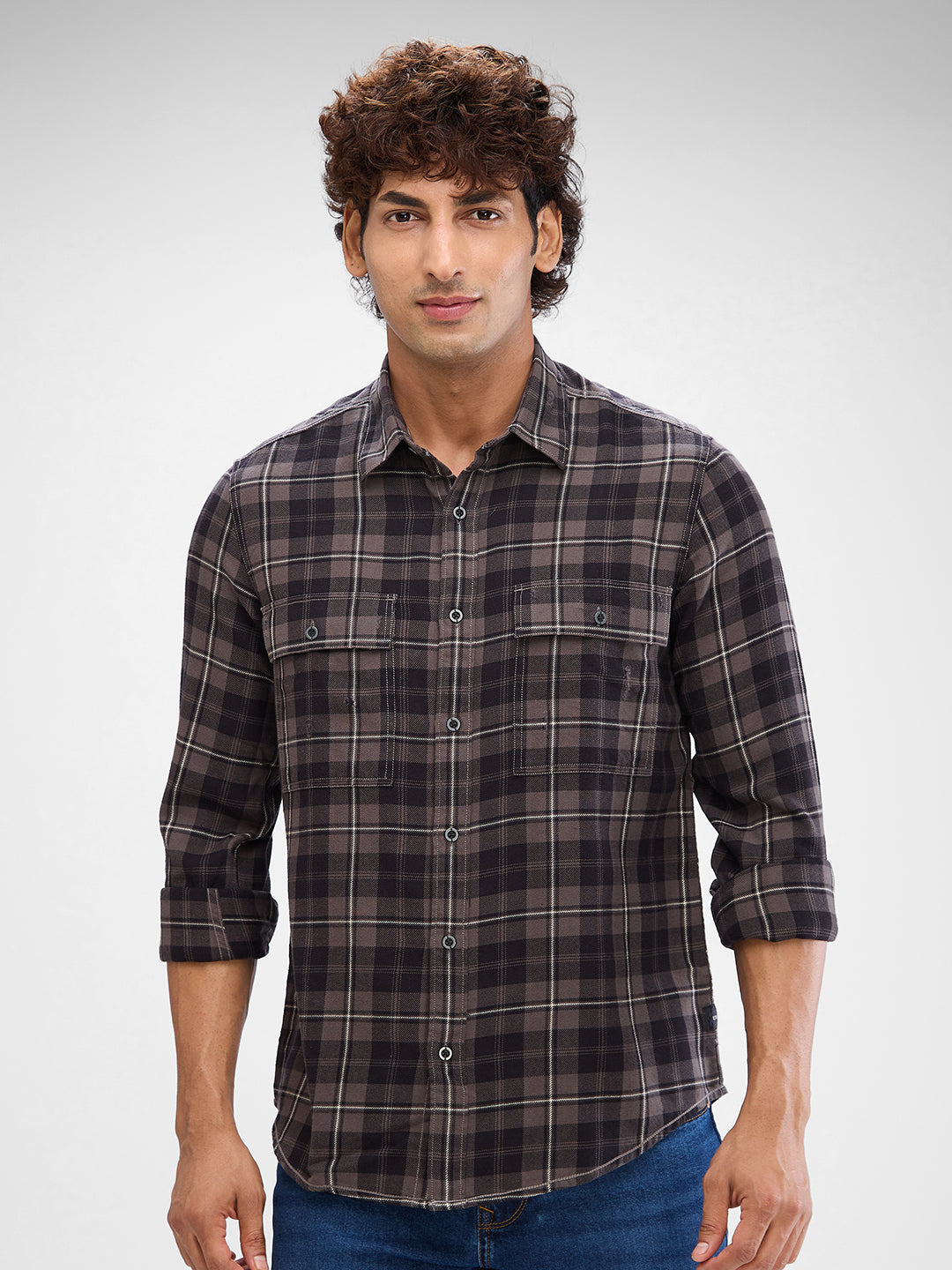 Men Shirt Check Grey Slim Fit