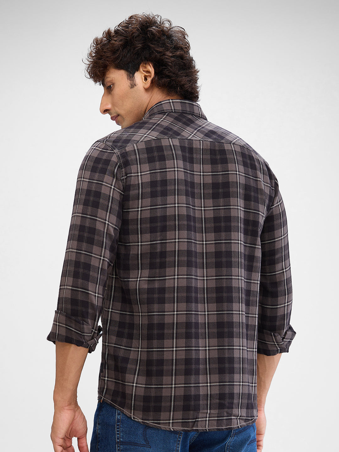 Men Shirt Check Grey Slim Fit