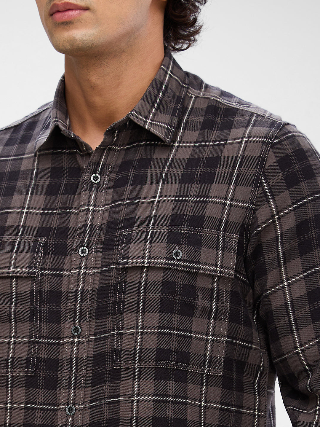 Men Shirt Check Grey Slim Fit