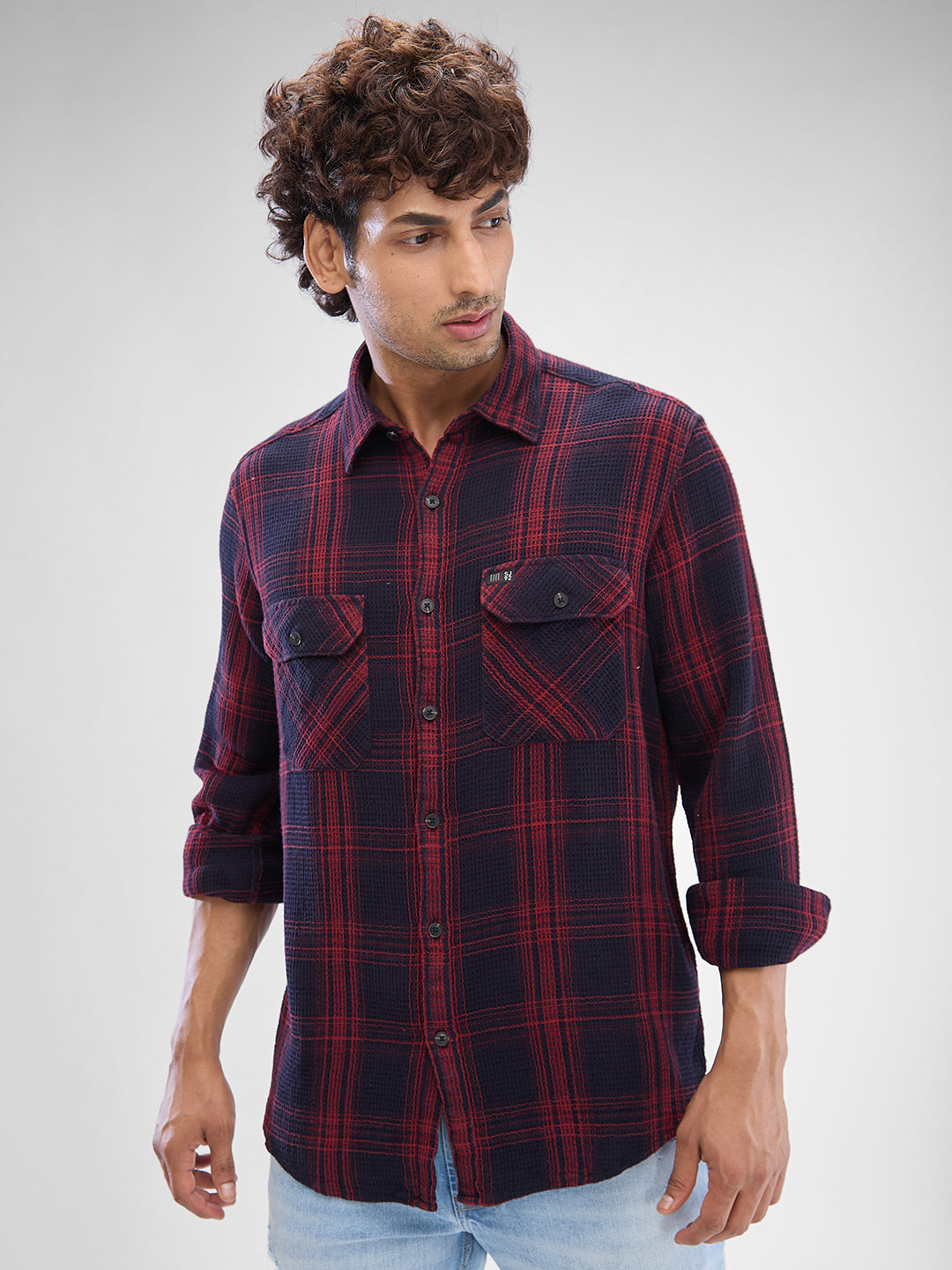 Spykar Brick Red Cotton Full Sleeve Raised Collar Shirt For Men