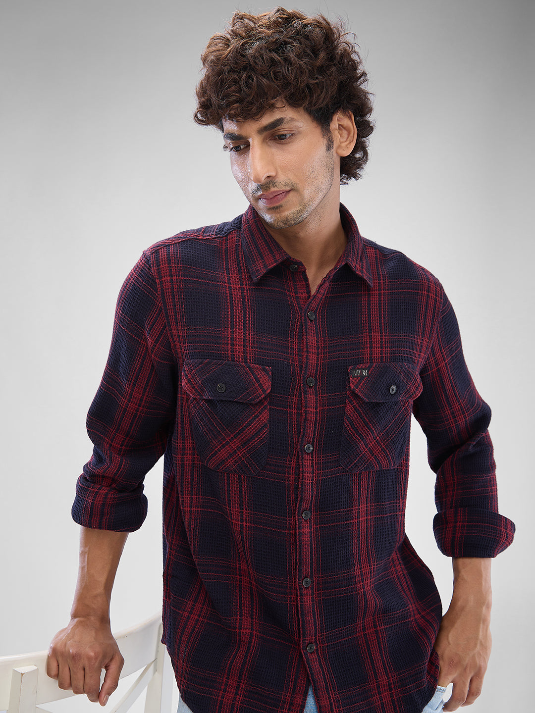 Spykar Brick Red Cotton Full Sleeve Raised Collar Shirt For Men