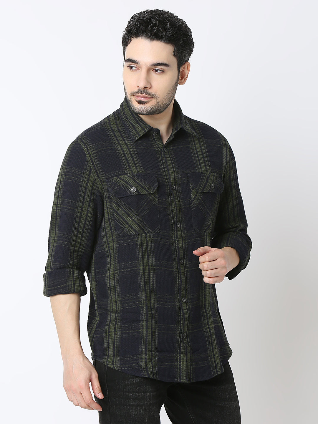 Spykar Rifle Green Cotton Slim Fit Shirts For Men