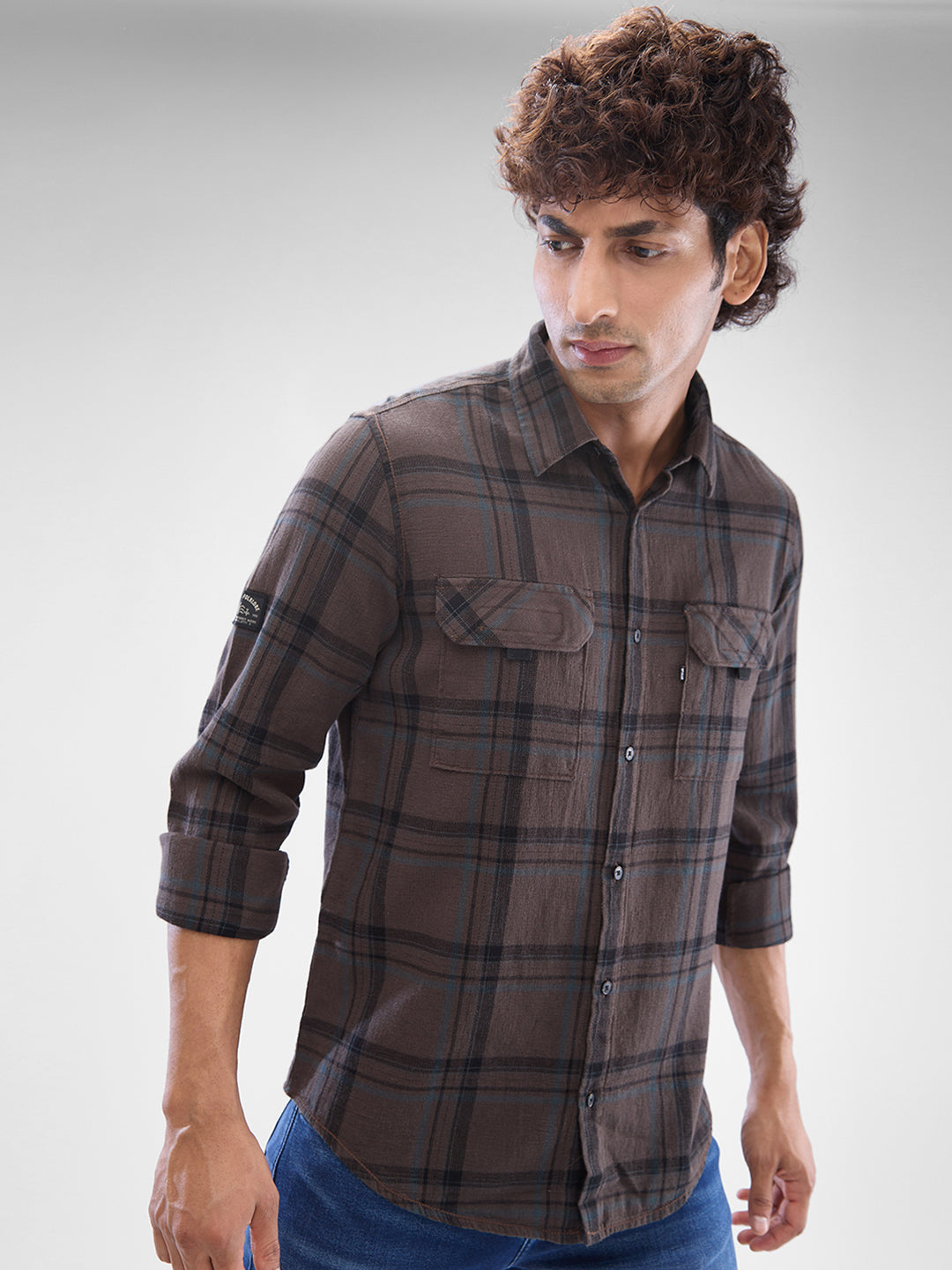 Spykar Dk. Brown Cotton Full Sleeve Raised Collar Shirt For Men