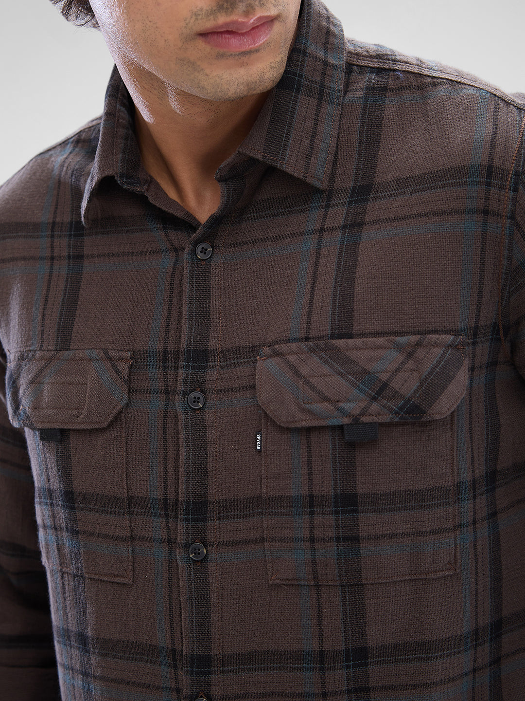 Spykar Dk. Brown Cotton Full Sleeve Raised Collar Shirt For Men