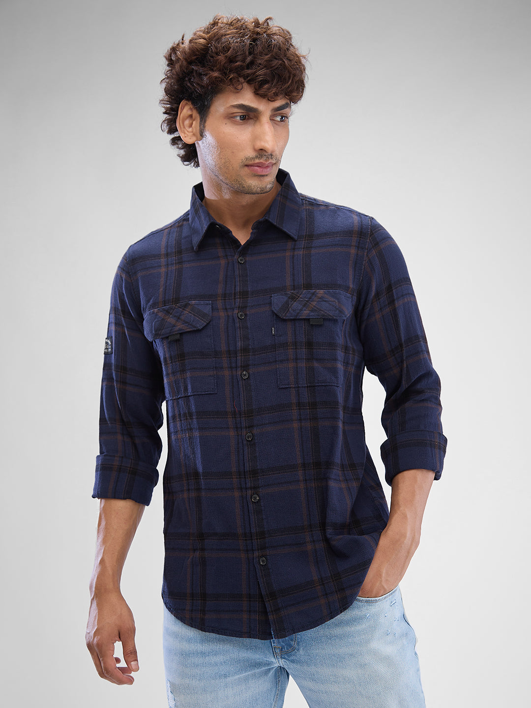 Spykar Navy Blue Cotton Full Sleeve Raised Collar Shirt For Men