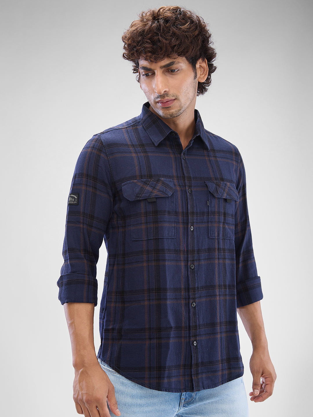 Spykar Navy Blue Cotton Full Sleeve Raised Collar Shirt For Men