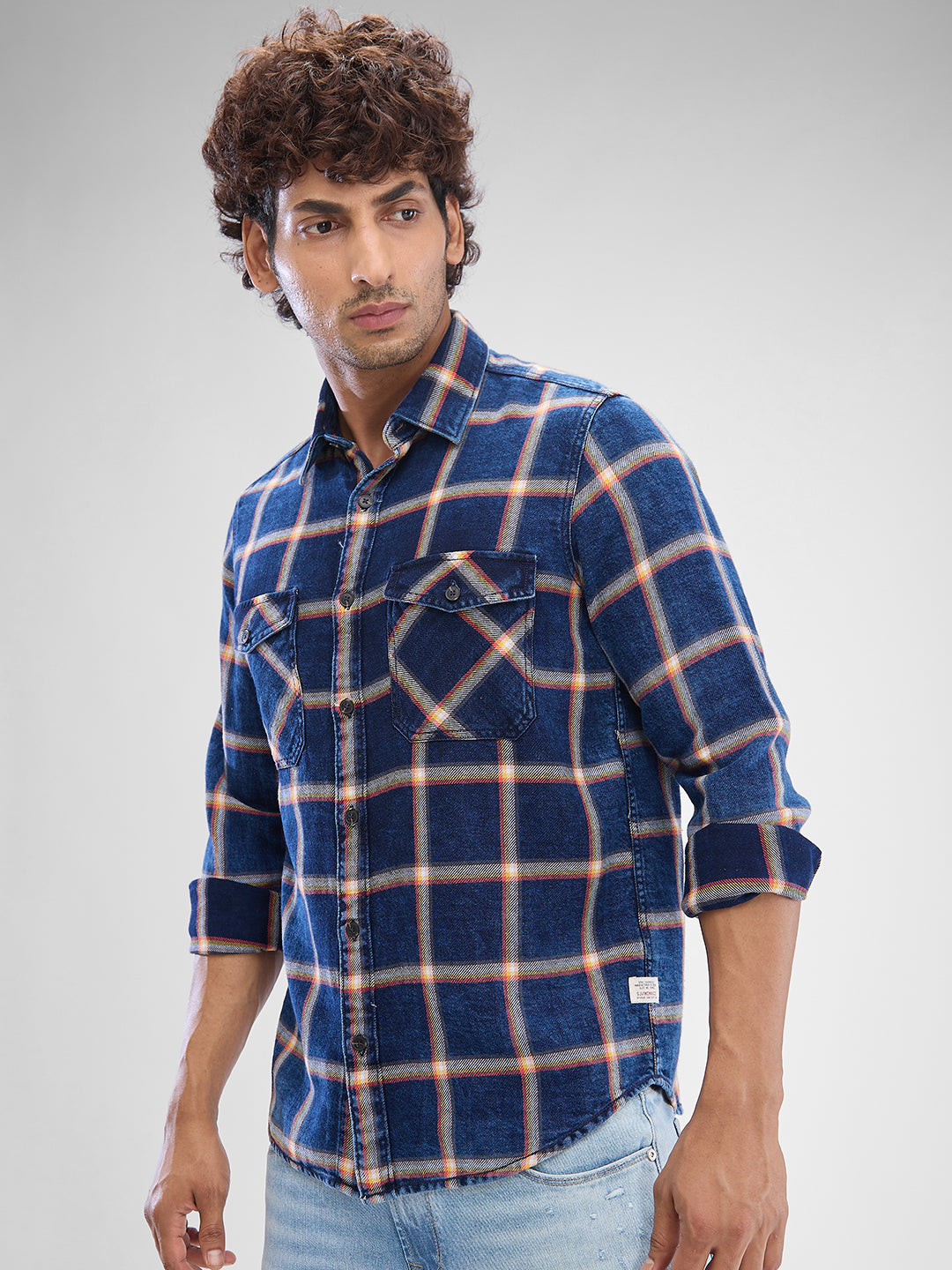 Spykar Indigo Blue Cotton Full Sleeve Raised Collar Shirt For Men