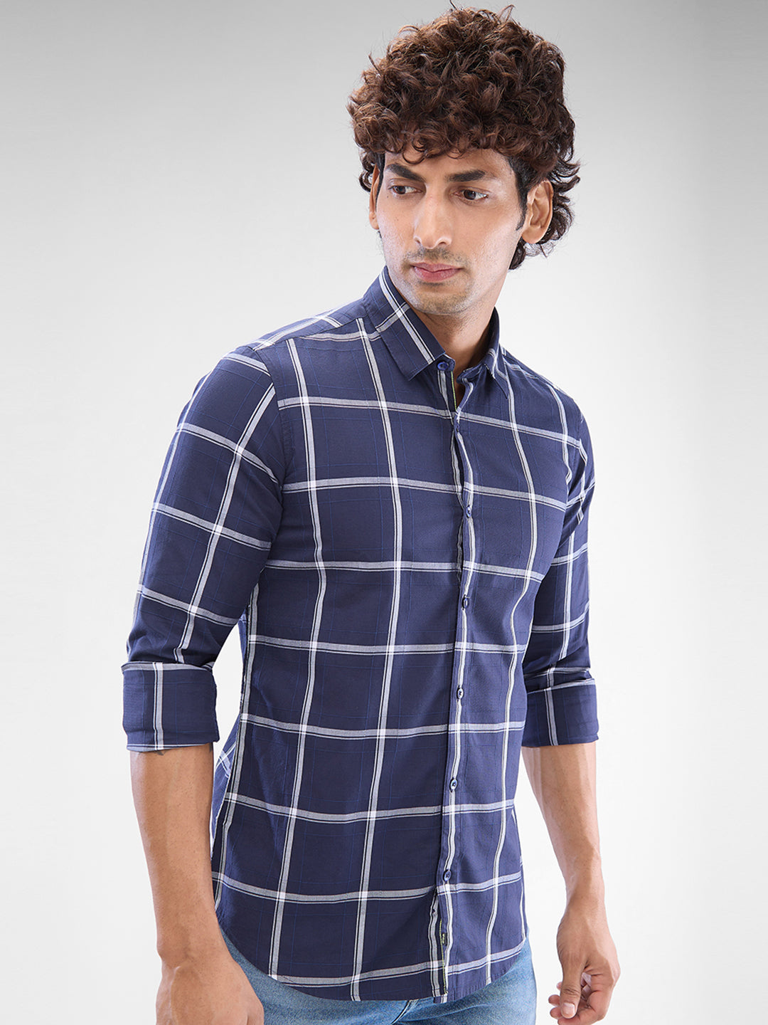 Spykar Navy Blue Cotton Full Sleeve Raised Collar Shirt For Men