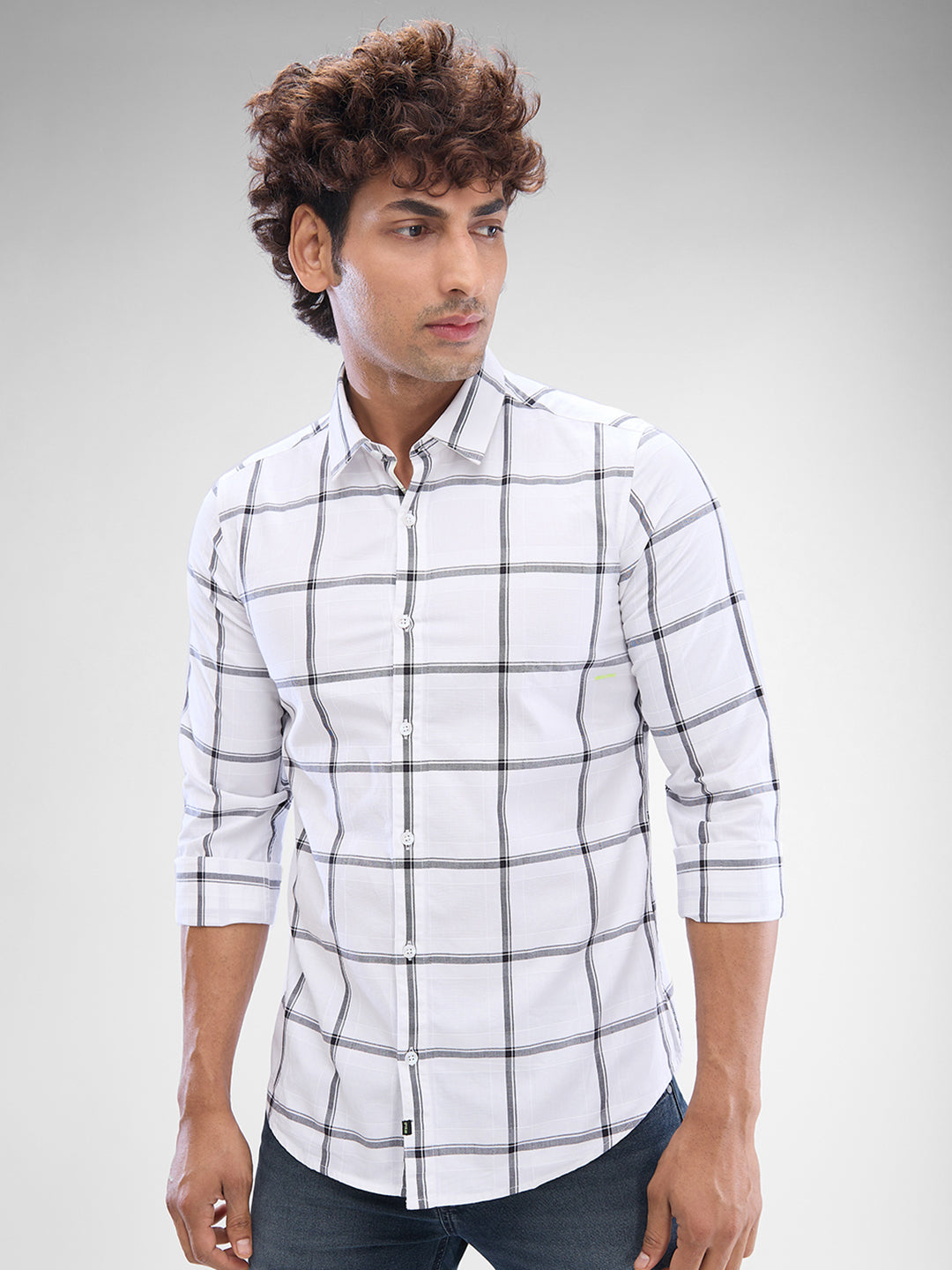 Spykar White Cotton Full Sleeve Raised Collar Shirt For Men