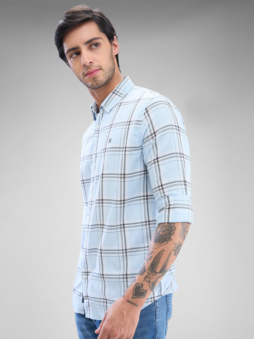 Spykar Sky Blue Cotton Full Sleeve Raised Collar Shirt For Men