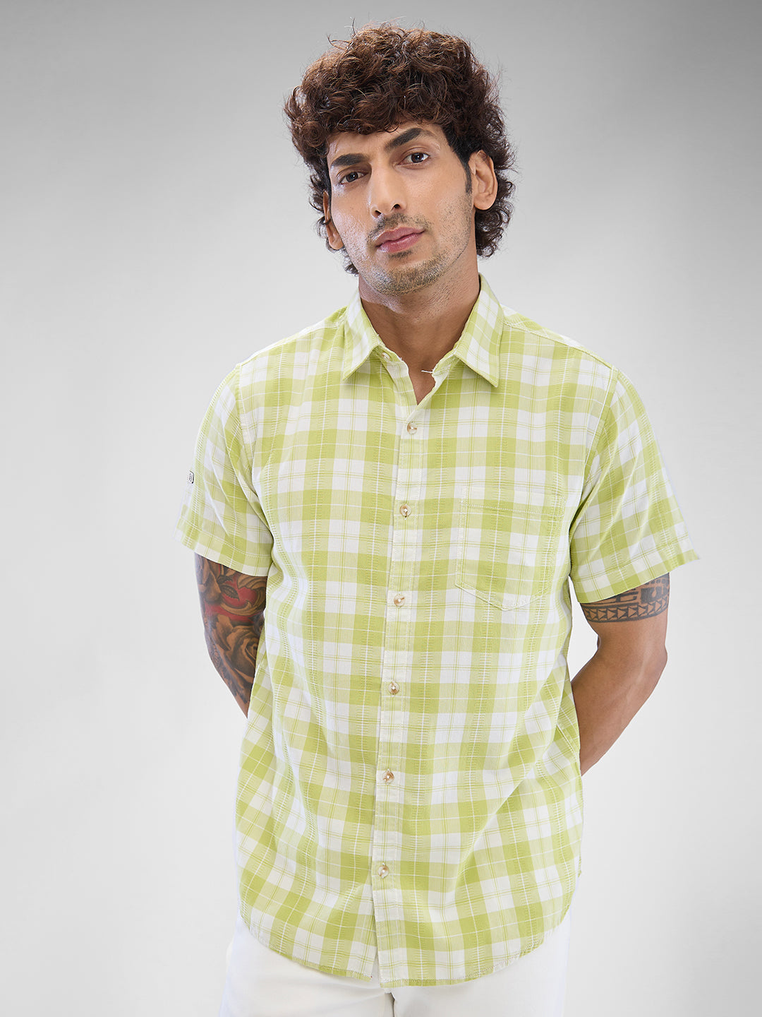 Spykar Beechnut Green Cotton Half Sleeve Raised Collar Shirt For Men