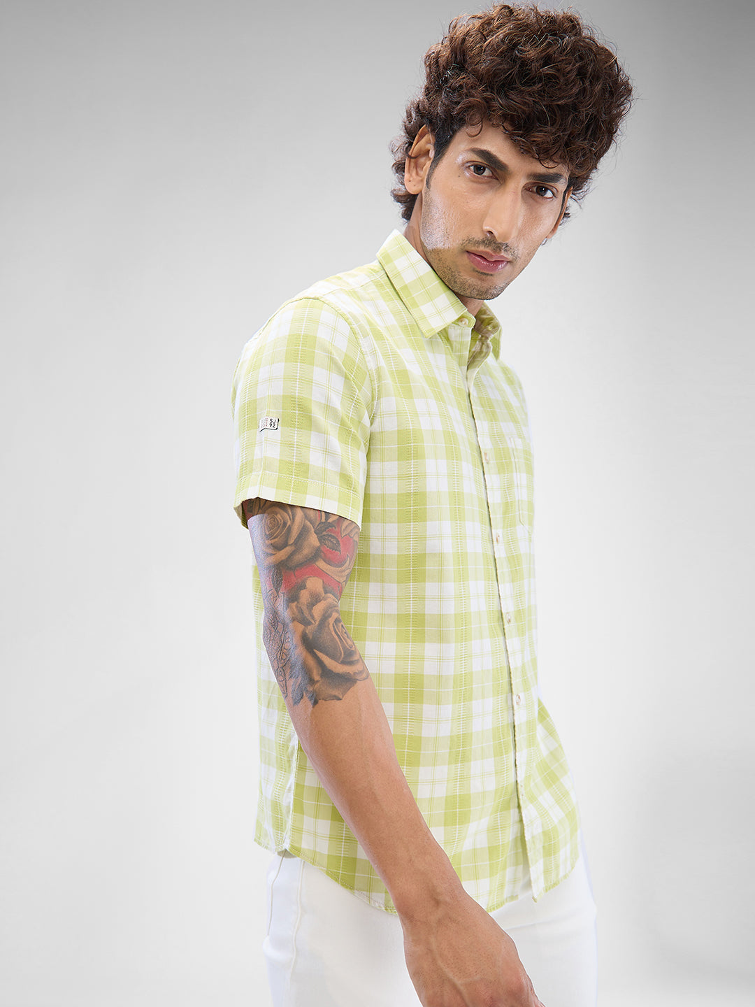 Spykar Beechnut Green Cotton Half Sleeve Raised Collar Shirt For Men