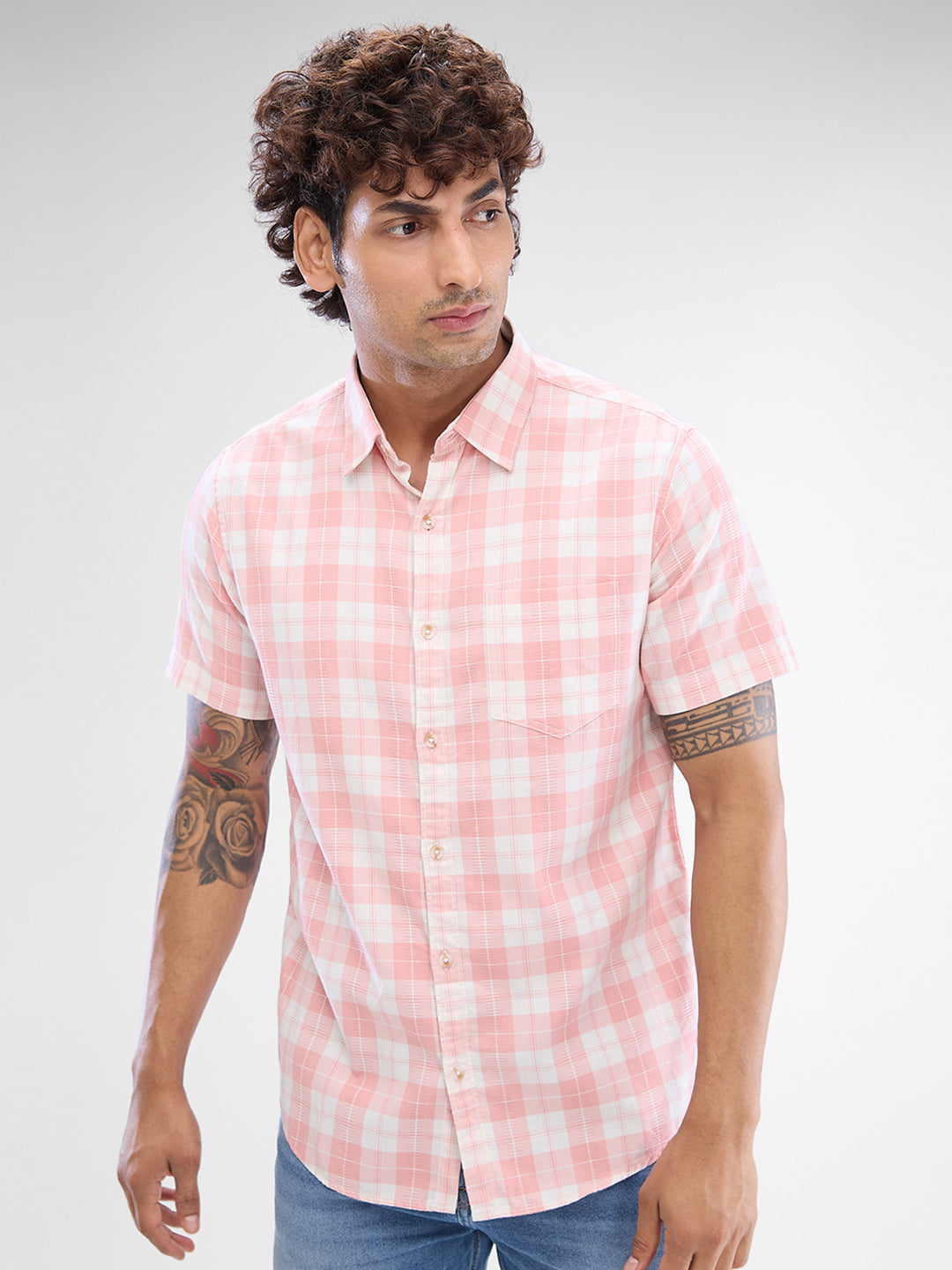 Spykar Rose Cloud Pink Cotton Half Sleeve Raised Collar Shirt For Men