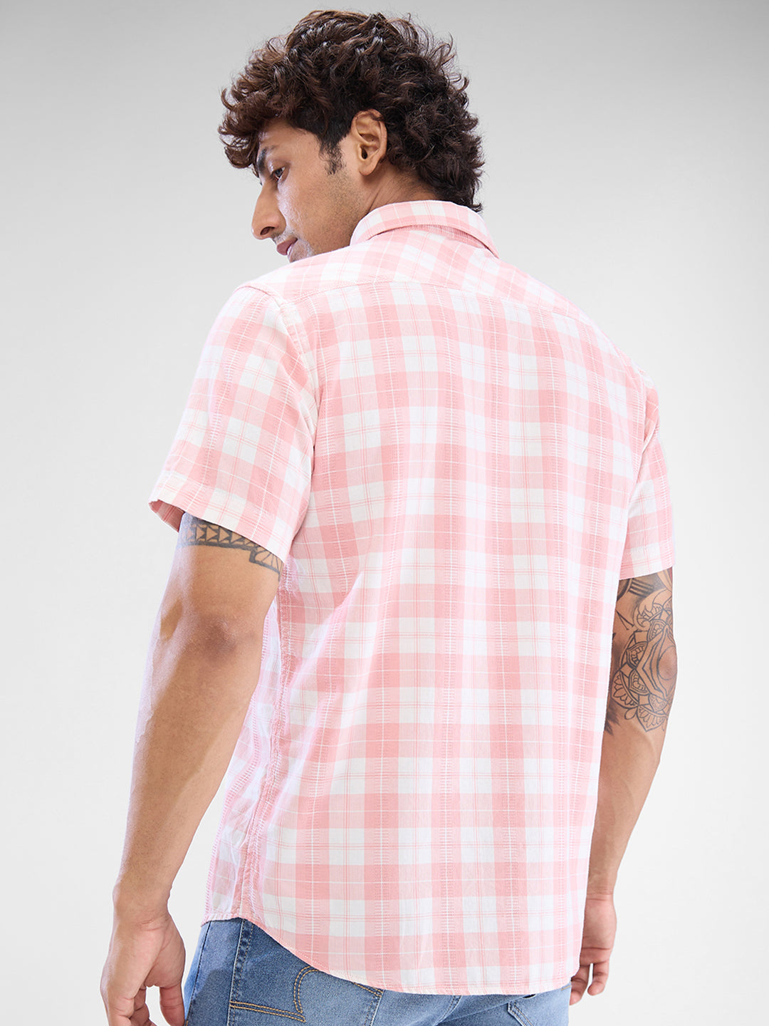 Spykar Rose Cloud Pink Cotton Half Sleeve Raised Collar Shirt For Men