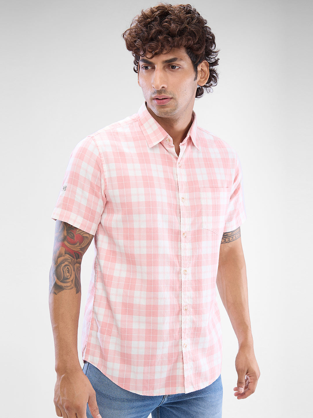 Spykar Rose Cloud Pink Cotton Half Sleeve Raised Collar Shirt For Men