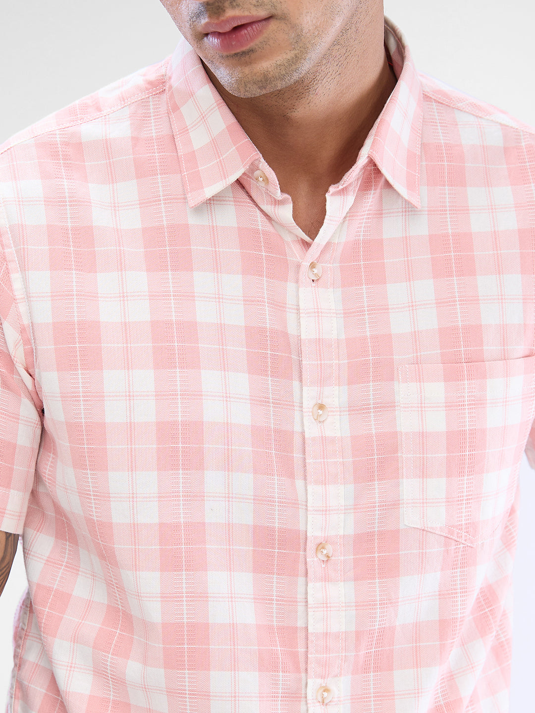 Spykar Rose Cloud Pink Cotton Half Sleeve Raised Collar Shirt For Men