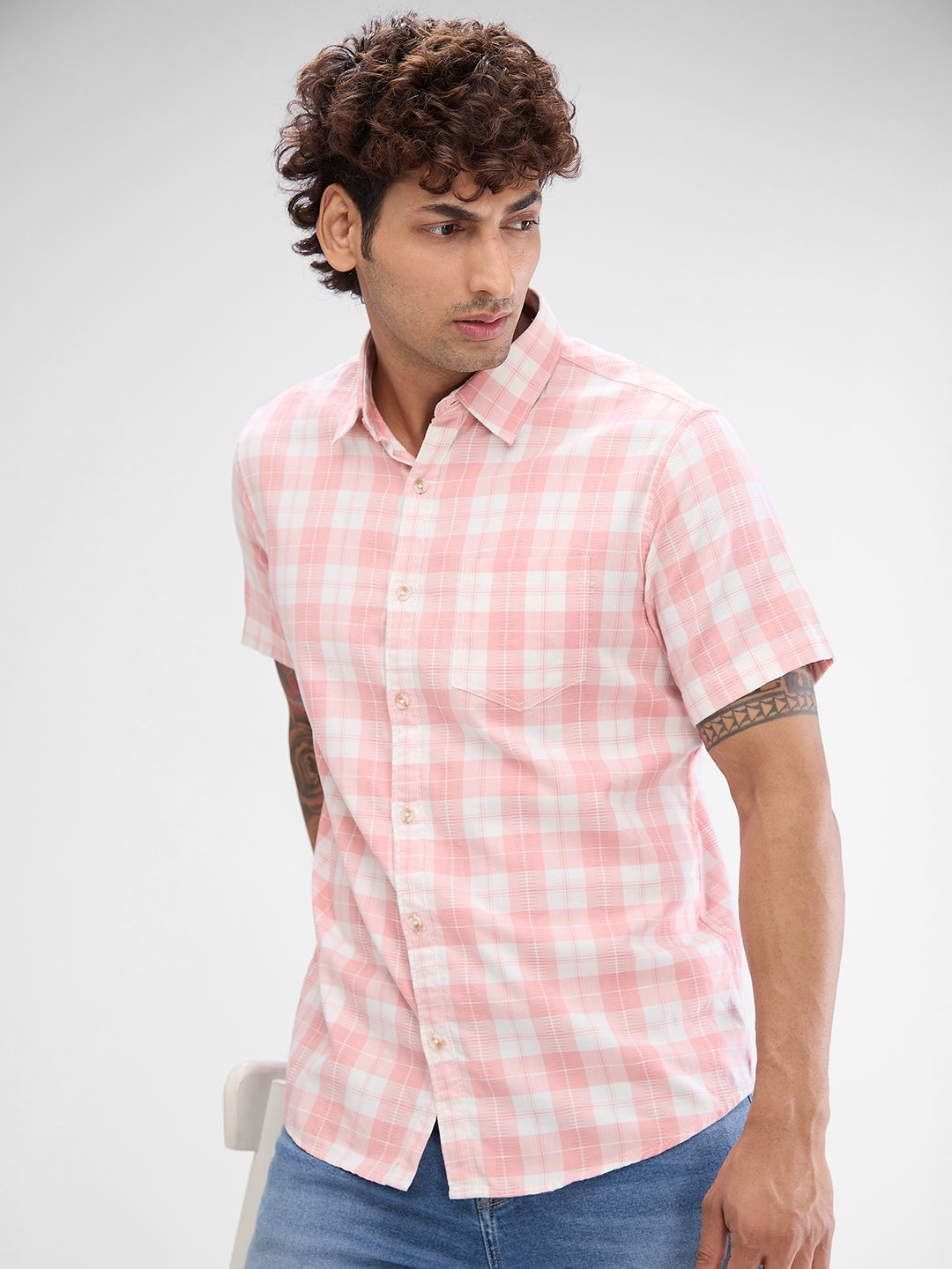 Spykar Rose Cloud Pink Cotton Half Sleeve Raised Collar Shirt For Men