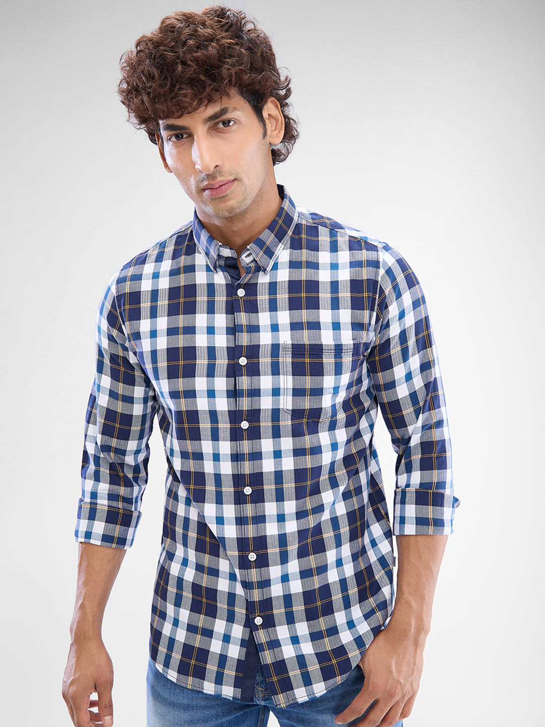 Spykar Indigo Blue Cotton Full Sleeve Raised Collar Shirt For Men