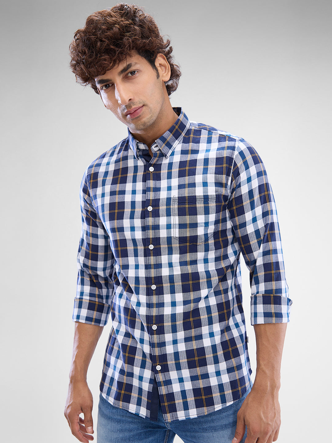 Spykar Indigo Blue Cotton Full Sleeve Raised Collar Shirt For Men