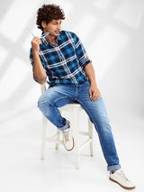 Men Shirt Check Blue Slim Fit