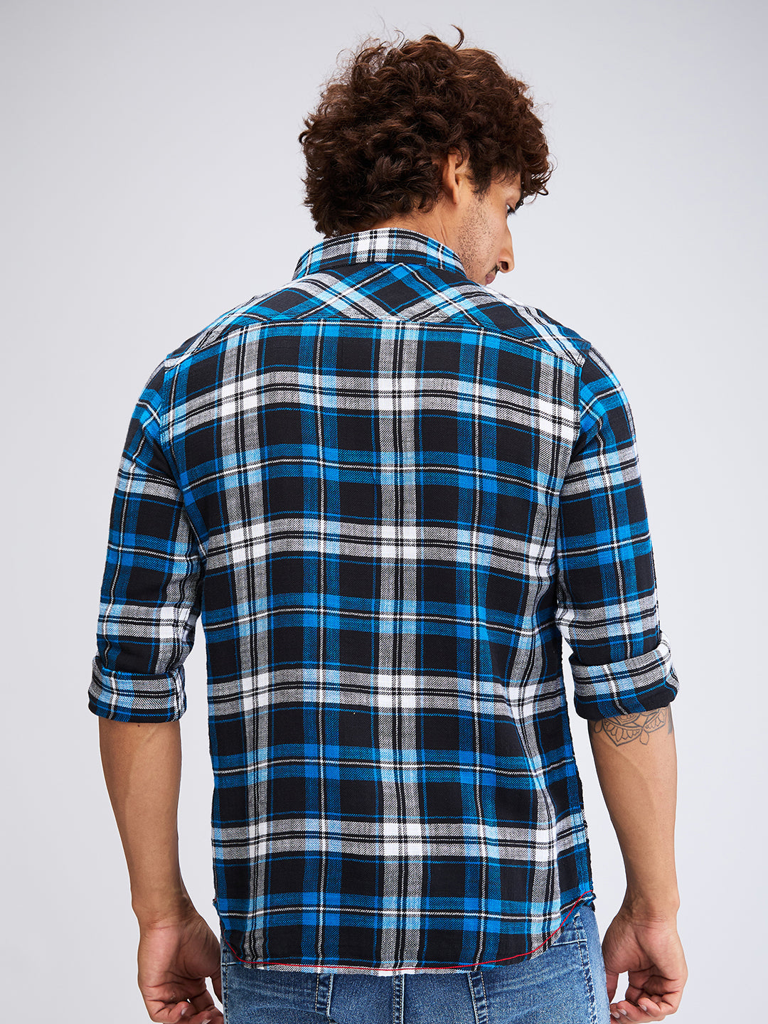 Men Shirt Check Blue Slim Fit