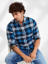 Men Shirt Check Blue Slim Fit