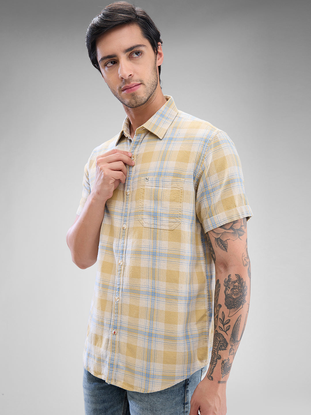 Spykar Sand Khaki Cotton Flex Half Sleeve Raised Collar Shirt For Men