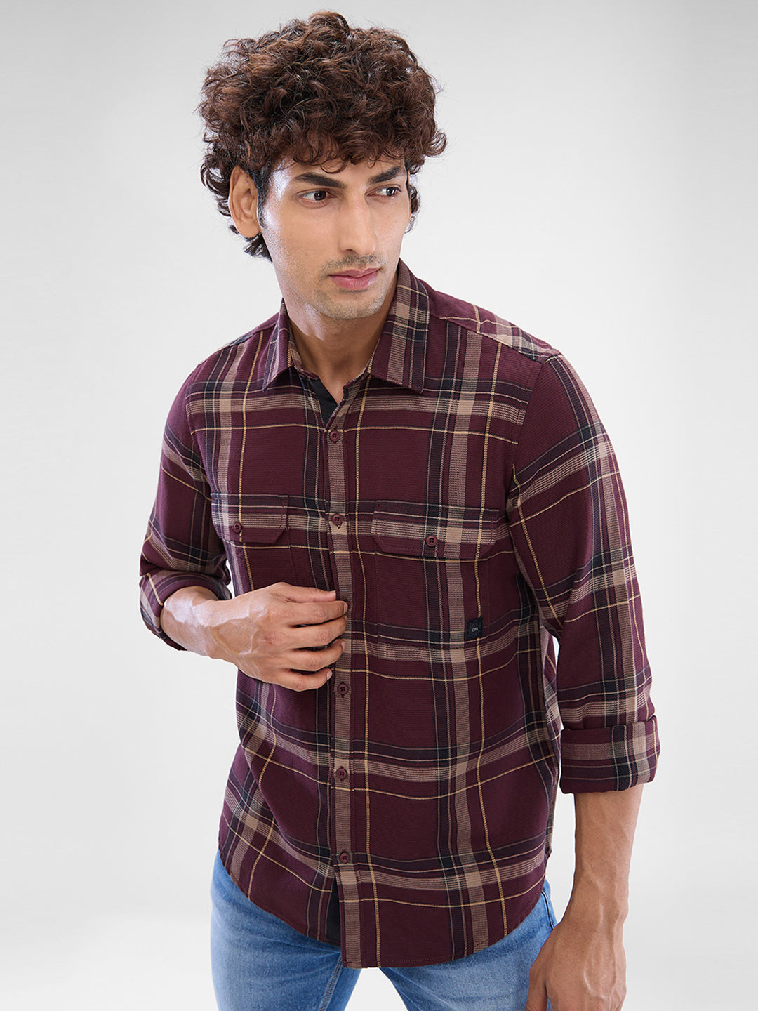 Spykar Plum Red Cotton Full Sleeve Raised Collar Shirt For Men