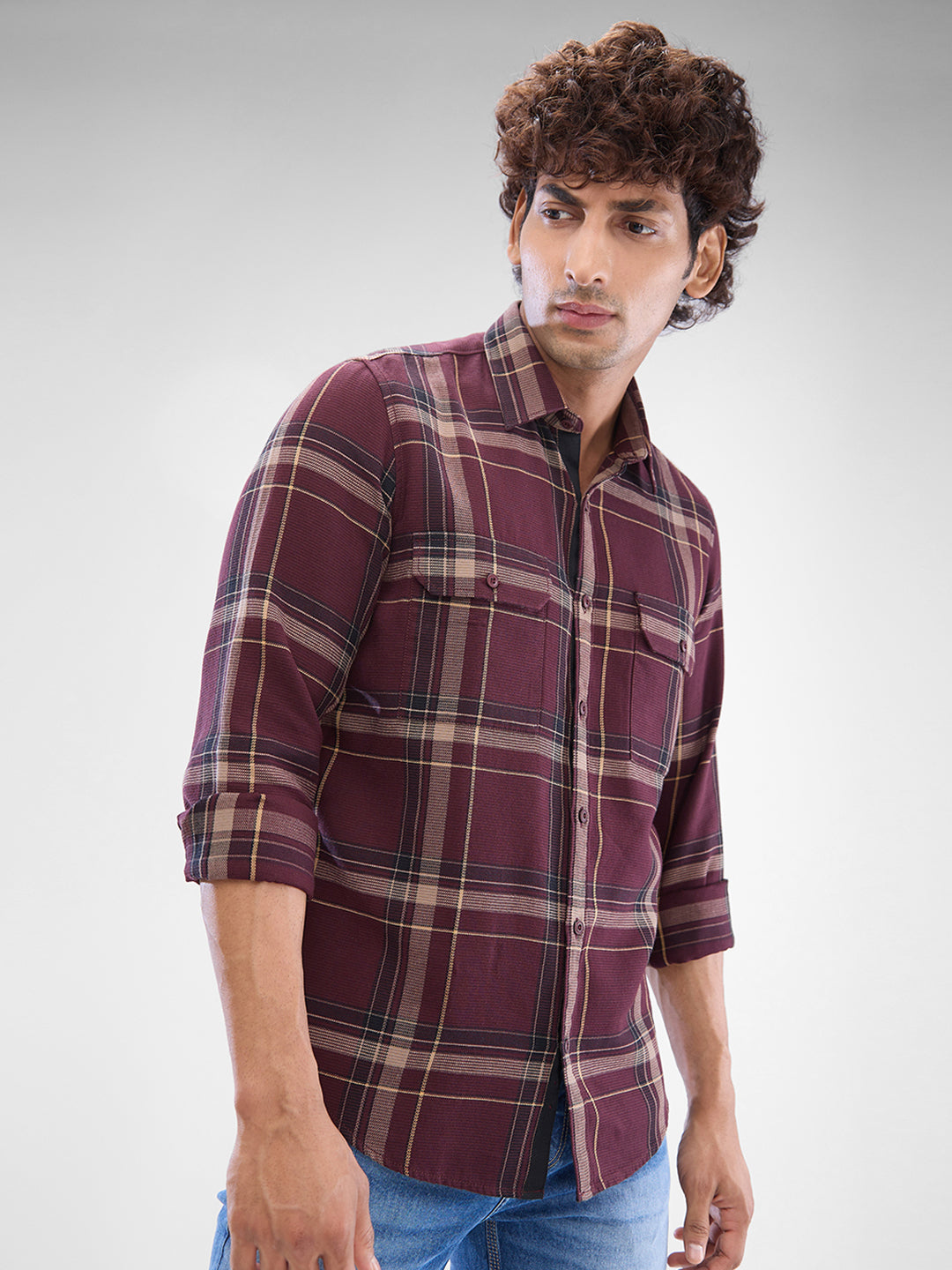 Spykar Plum Red Cotton Full Sleeve Raised Collar Shirt For Men