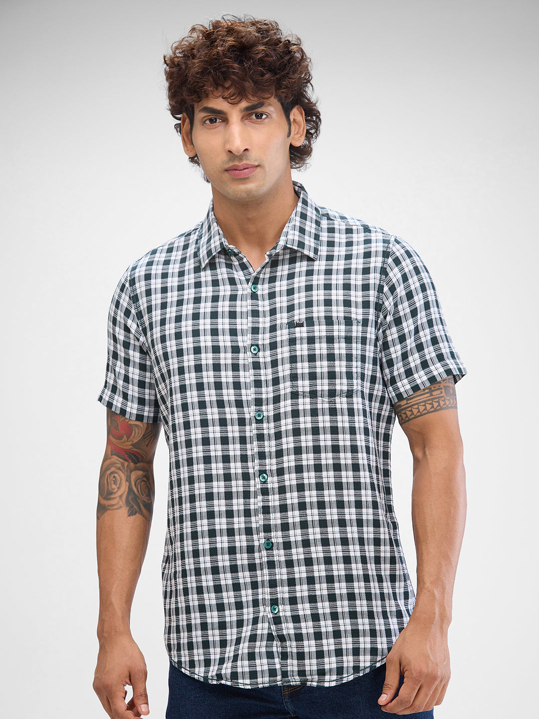 Spykar Bottle Green Cotton Half Sleeve Raised Collar Shirt For Men