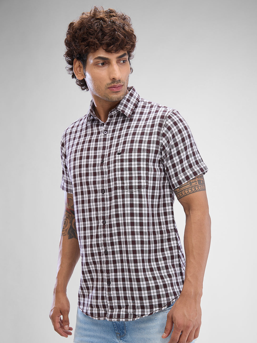 Spykar Coffee Brown Cotton Half Sleeve Raised Collar Shirt For Men