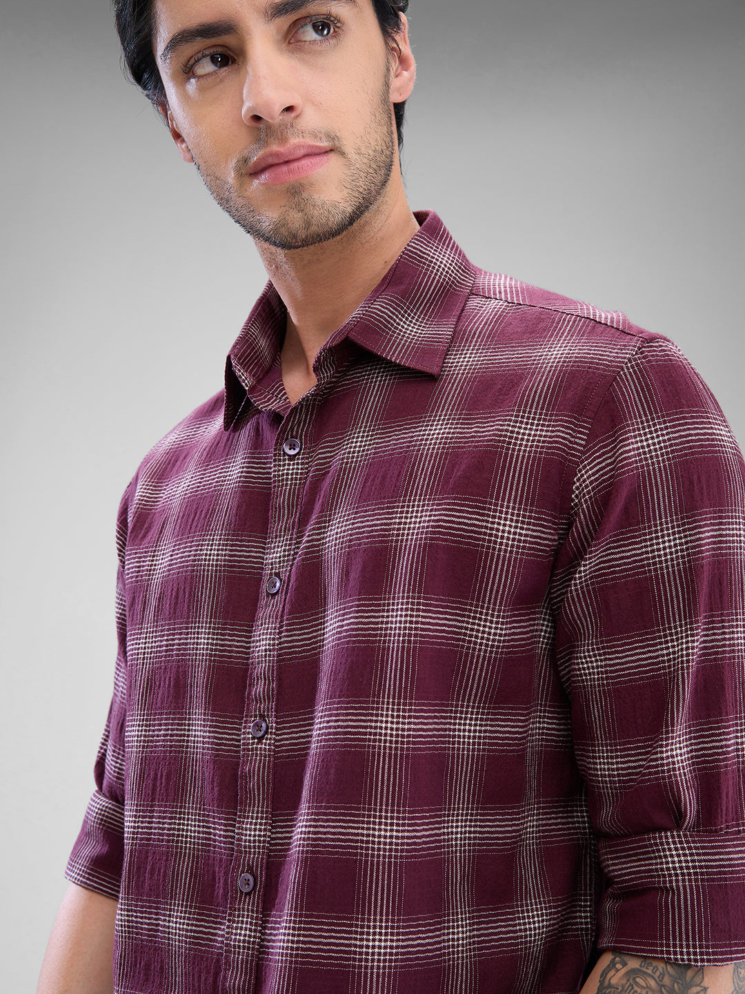 Spykar Deep Wine Red Cotton Full Sleeve Raised Collar Shirt For Men