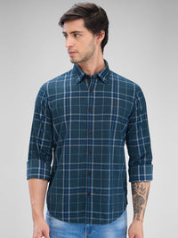 Men Shirt Check Teal Green Slim Fit