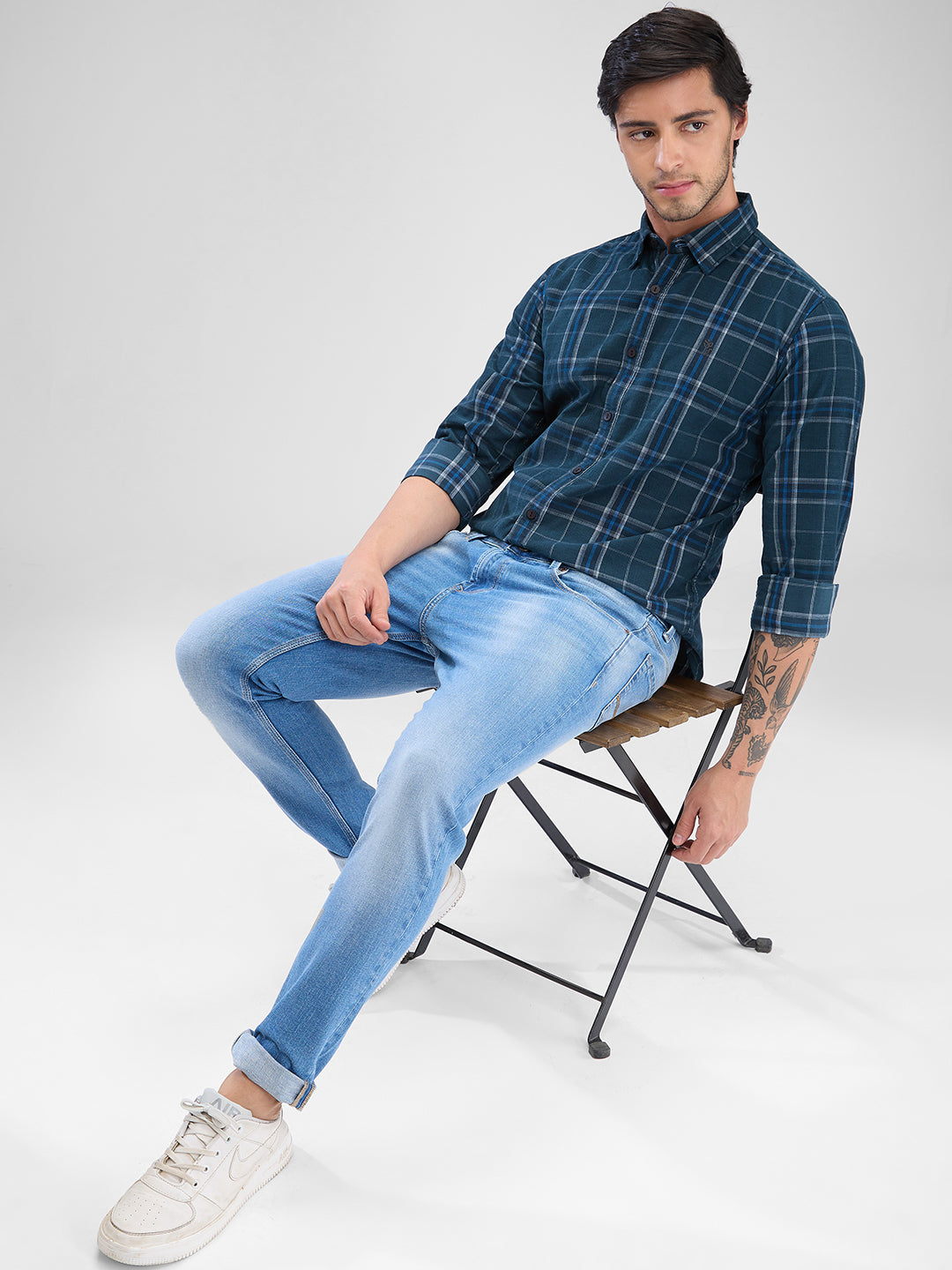 Men Shirt Check Teal Green Slim Fit